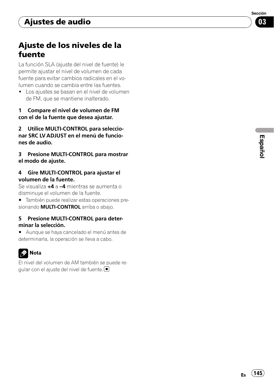 Ajuste de los niveles de la fuente, Ajustes de audio | Pioneer DEH-P3100UB User Manual | Page 145 / 177