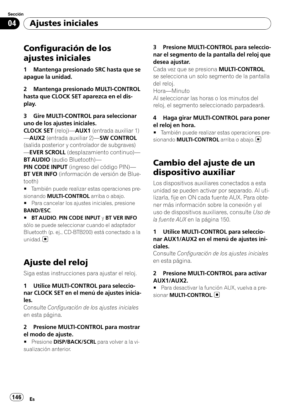 Ajuste del reloj, Cambio del ajuste de un dispositivo, Auxiliar | Configuración de los ajustes iniciales, Cambio del ajuste de un dispositivo auxiliar, Ajustes iniciales | Pioneer DEH-P3100UB User Manual | Page 146 / 177