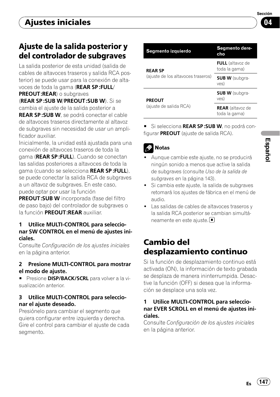 Ajuste de la salida posterior y del controlador, De subgraves, Cambio del desplazamiento continuo | Ajustes iniciales | Pioneer DEH-P3100UB User Manual | Page 147 / 177