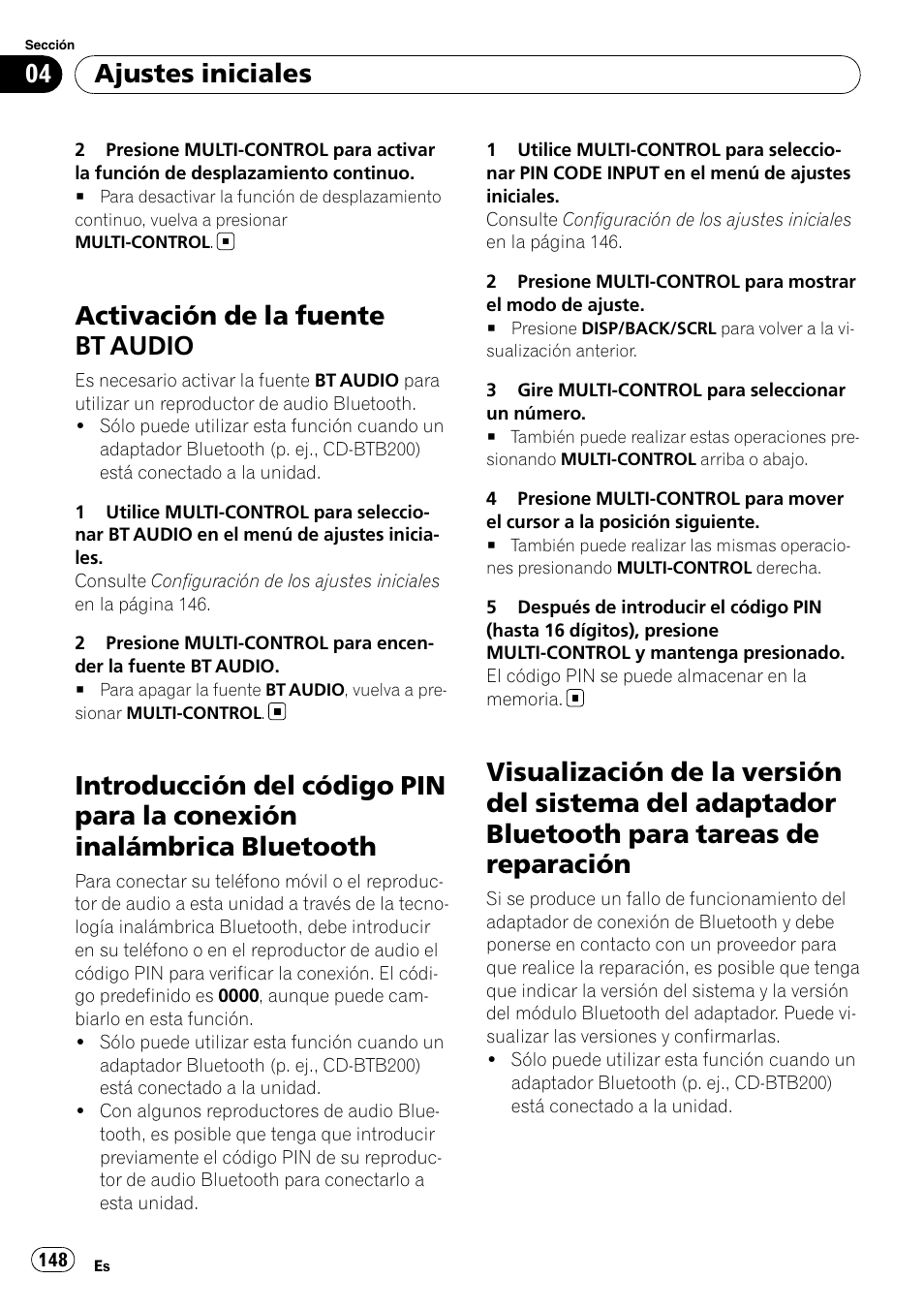 Activación de la fuente bt audio, Introducción del código pin para la conexión, Inalámbrica bluetooth | Visualización de la versión del sistema del, Adaptador bluetooth para tareas de reparación, Ajustes iniciales | Pioneer DEH-P3100UB User Manual | Page 148 / 177