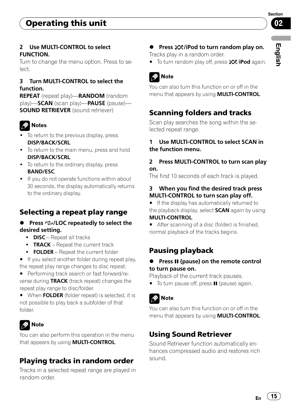 Selecting a repeat play range 15, Playing tracks in random order 15, Scanning folders and tracks 15 | Pausing playback 15, Using sound retriever 15, Operating this unit, Selecting a repeat play range, Playing tracks in random order, Scanning folders and tracks, Pausing playback | Pioneer DEH-P3100UB User Manual | Page 15 / 177