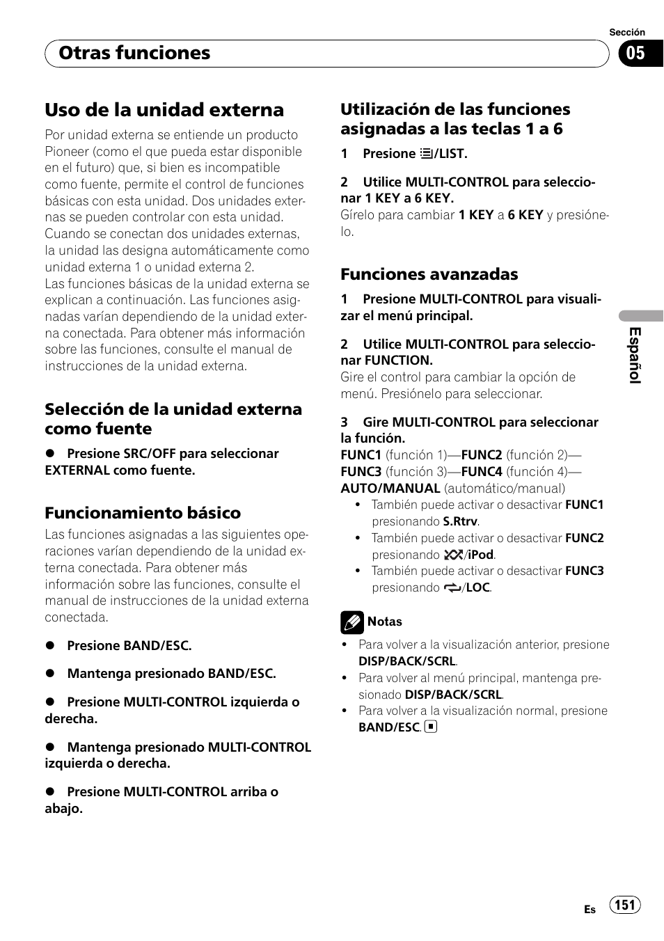 Uso de la unidad externa, Selección de la unidad externa como, Fuente | Funcionamiento básico 151, Utilización de las funciones asignadas, A las teclas 1 a 6, Funciones avanzadas 151, Otras funciones, Selección de la unidad externa como fuente, Funcionamiento básico | Pioneer DEH-P3100UB User Manual | Page 151 / 177