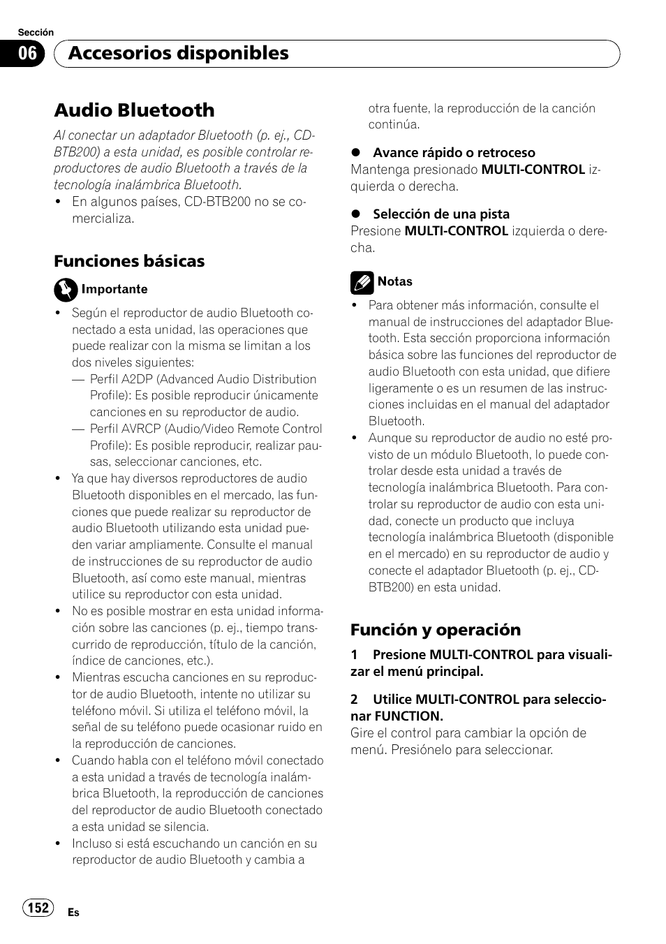 Accesorios disponibles audio bluetooth, Funciones básicas 152, Función y operación 152 | Audio bluetooth, Accesorios disponibles, Funciones básicas, Función y operación | Pioneer DEH-P3100UB User Manual | Page 152 / 177
