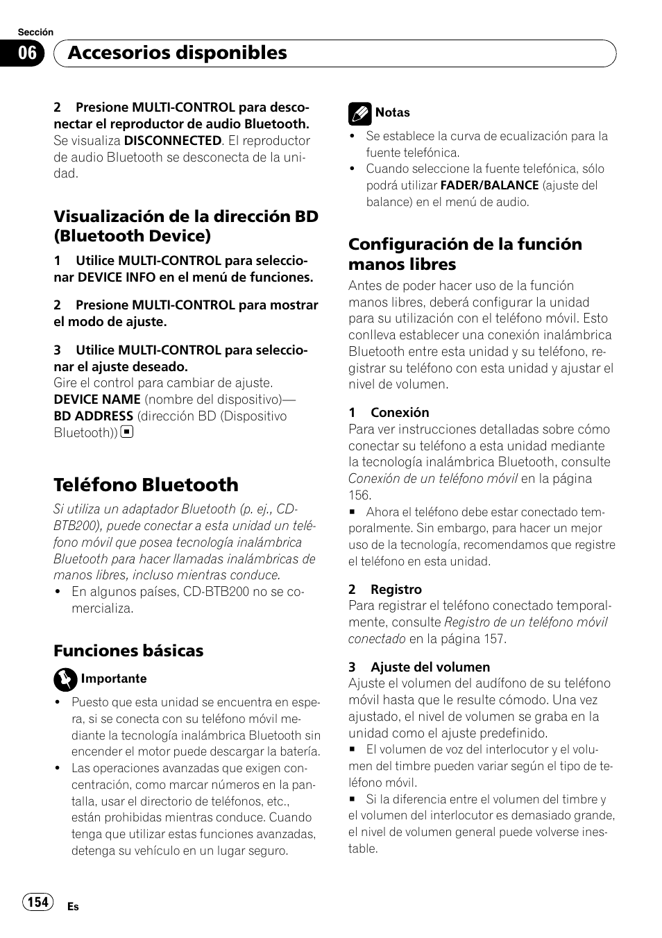 Visualización de la dirección bd, Bluetooth device), Teléfono bluetooth | Funciones básicas 154, Configuración de la función manos, Libres, Accesorios disponibles, Funciones básicas, Configuración de la función manos libres | Pioneer DEH-P3100UB User Manual | Page 154 / 177