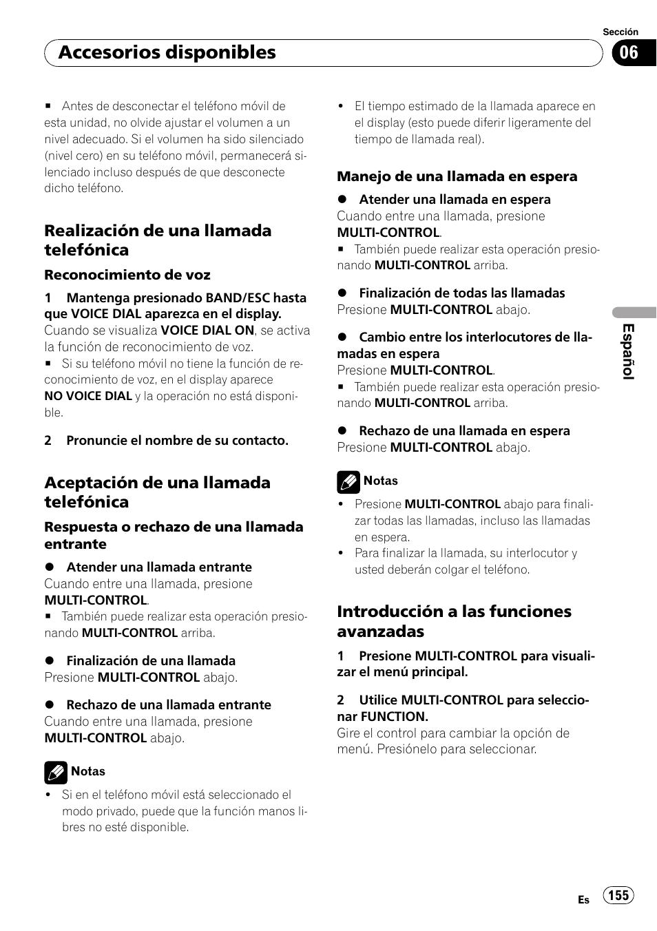 Realización de una llamada, Telefónica, Aceptación de una llamada | Introducción a las funciones, Avanzadas, Accesorios disponibles, Realización de una llamada telefónica, Aceptación de una llamada telefónica, Introducción a las funciones avanzadas | Pioneer DEH-P3100UB User Manual | Page 155 / 177