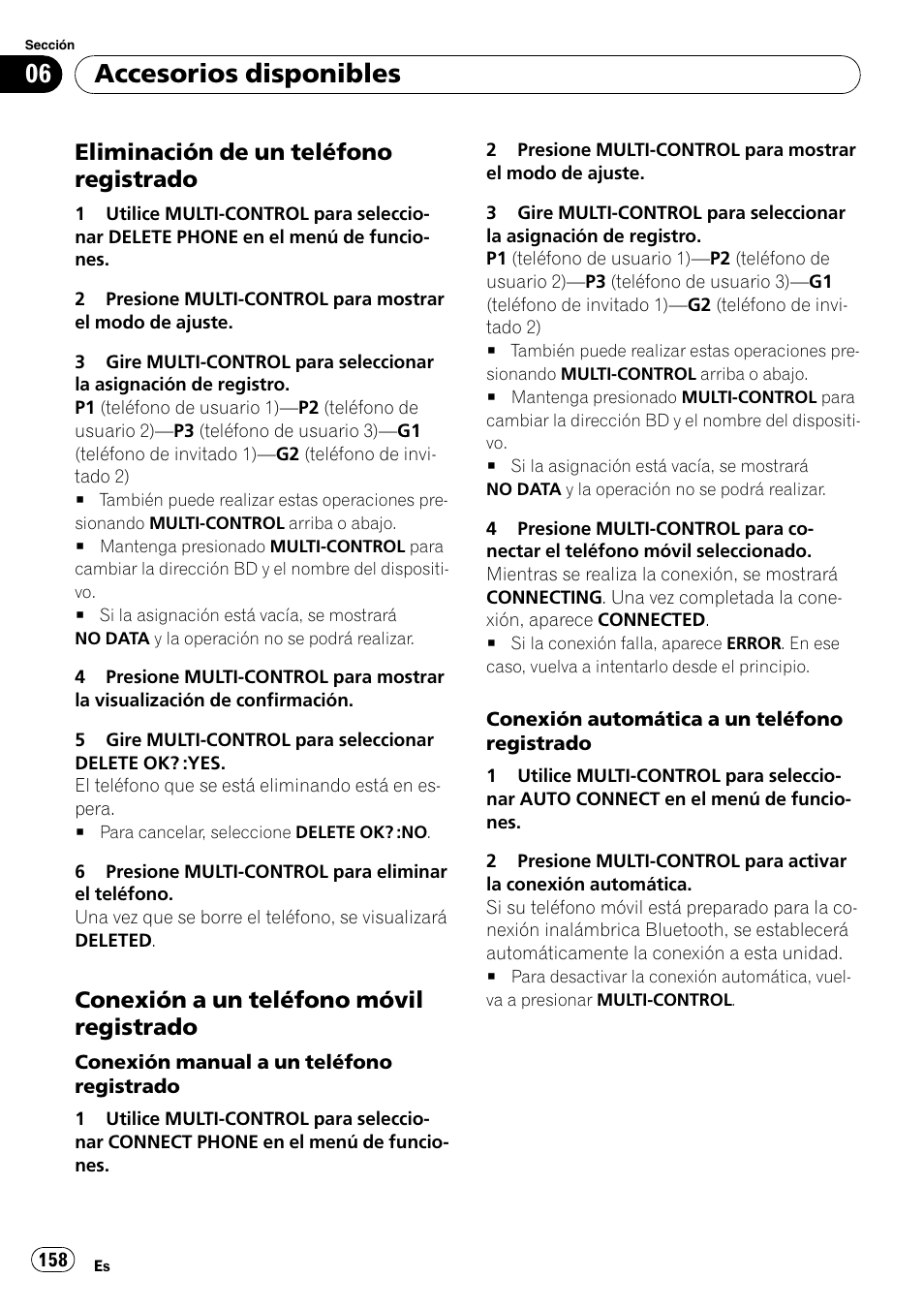 Eliminación de un teléfono, Registrado, Conexión a un teléfono móvil | Accesorios disponibles, Eliminación de un teléfono registrado, Conexión a un teléfono móvil registrado | Pioneer DEH-P3100UB User Manual | Page 158 / 177