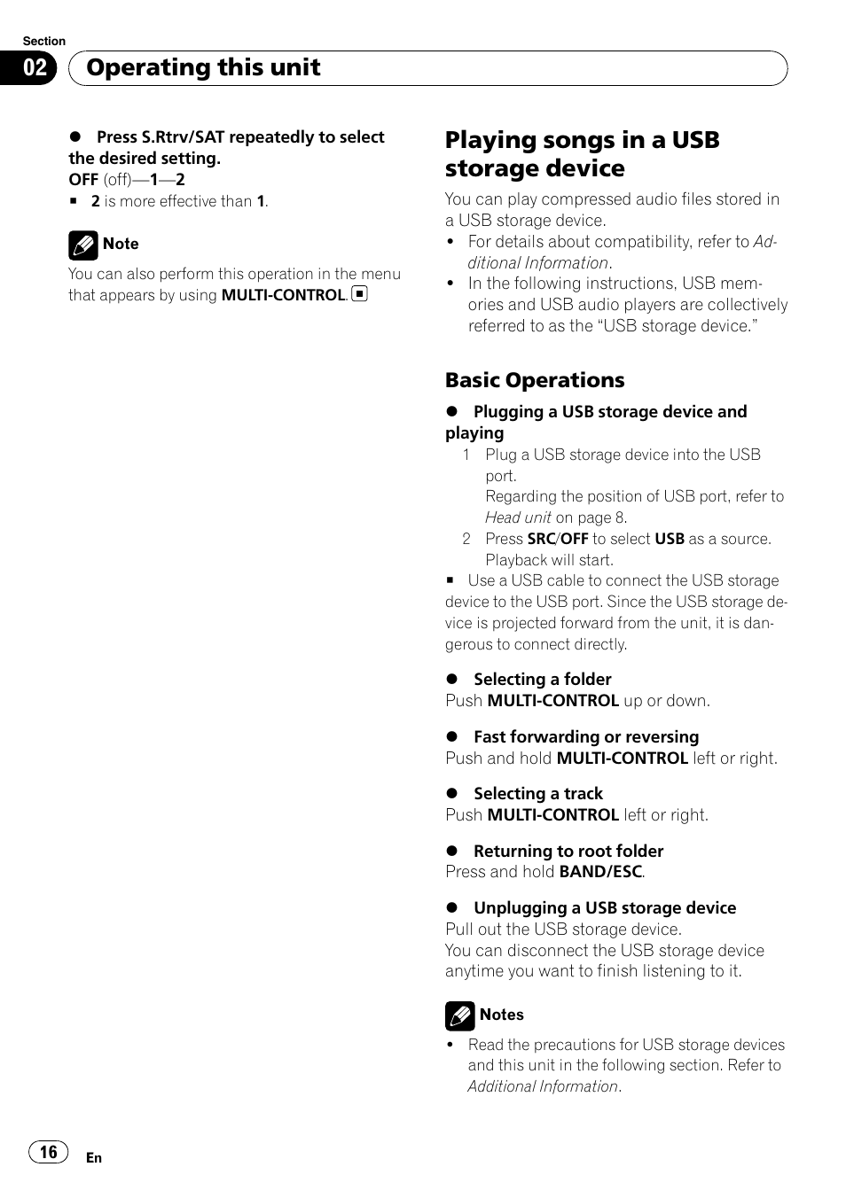Playing songs in a usb storage device, Basic operations 16, Operating this unit | Basic operations | Pioneer DEH-P3100UB User Manual | Page 16 / 177