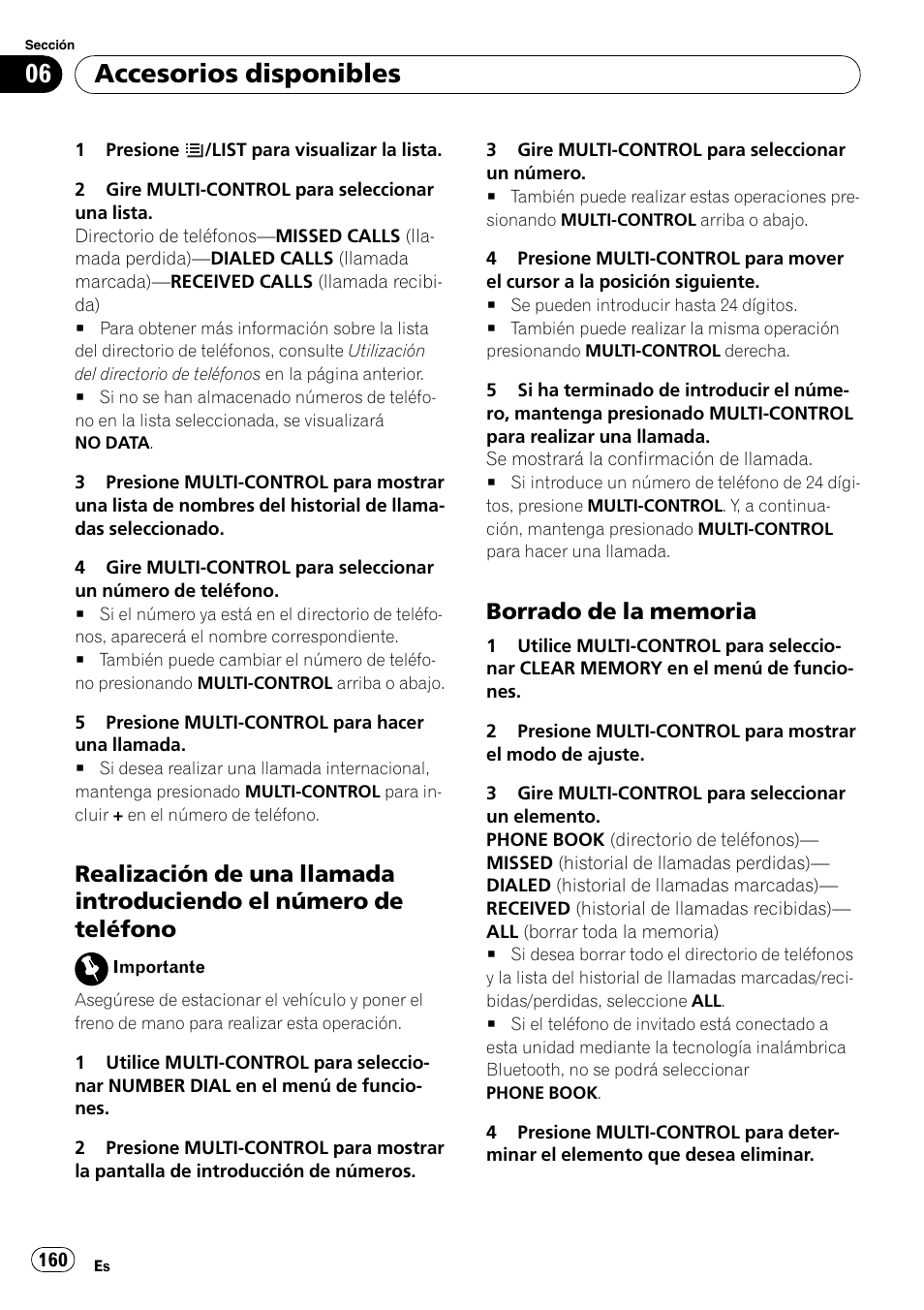 Realización de una llamada, Introduciendo el número de teléfono, Borrado de la memoria 160 | Accesorios disponibles | Pioneer DEH-P3100UB User Manual | Page 160 / 177
