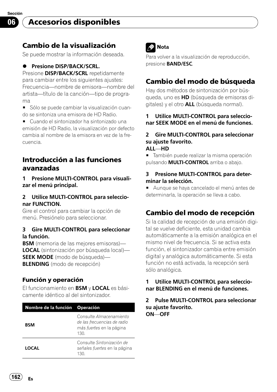 Cambio de la visualización 162, Introducción a las funciones, Avanzadas | Cambio del modo de búsqueda 162, Cambio del modo de recepción 162, Accesorios disponibles, Cambio de la visualización, Introducción a las funciones avanzadas, Cambio del modo de búsqueda, Cambio del modo de recepción | Pioneer DEH-P3100UB User Manual | Page 162 / 177