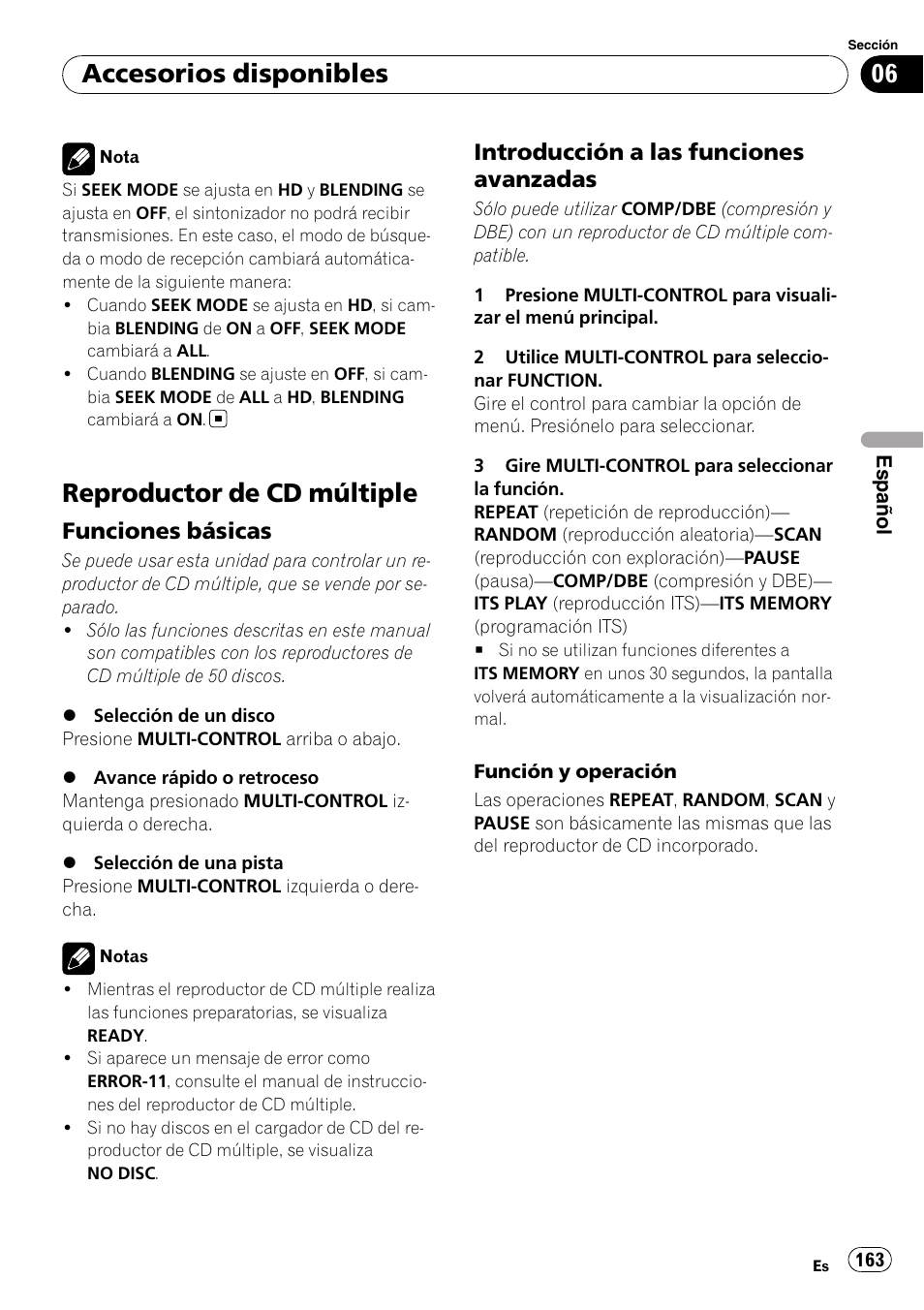 Reproductor de cd múltiple, Funciones básicas 163, Introducción a las funciones | Avanzadas, Accesorios disponibles, Funciones básicas, Introducción a las funciones avanzadas | Pioneer DEH-P3100UB User Manual | Page 163 / 177