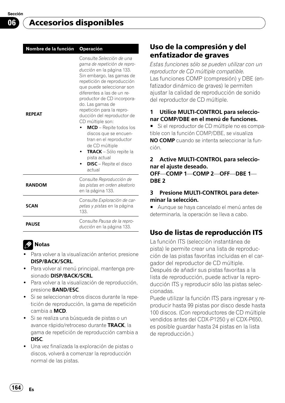 Uso de la compresión y del enfatizador, De graves, Uso de listas de reproducción its 164 | Accesorios disponibles, Uso de la compresión y del enfatizador de graves, Uso de listas de reproducción its | Pioneer DEH-P3100UB User Manual | Page 164 / 177