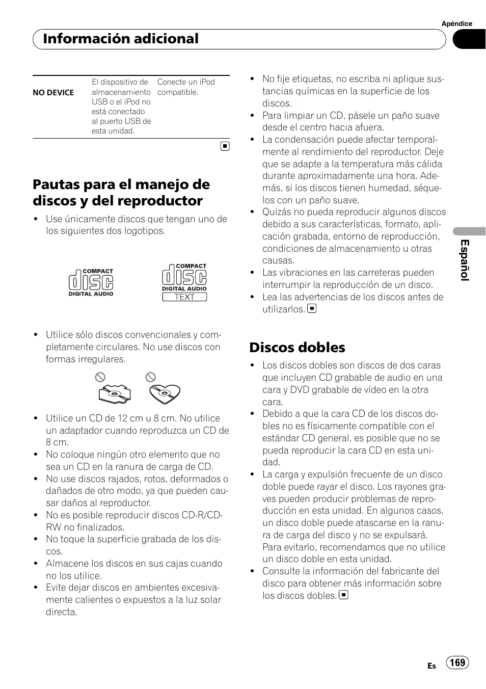Pautas para el manejo de discos y del, Reproductor, Discos dobles | Pautas para el manejo de discos y del reproductor, Información adicional | Pioneer DEH-P3100UB User Manual | Page 169 / 177