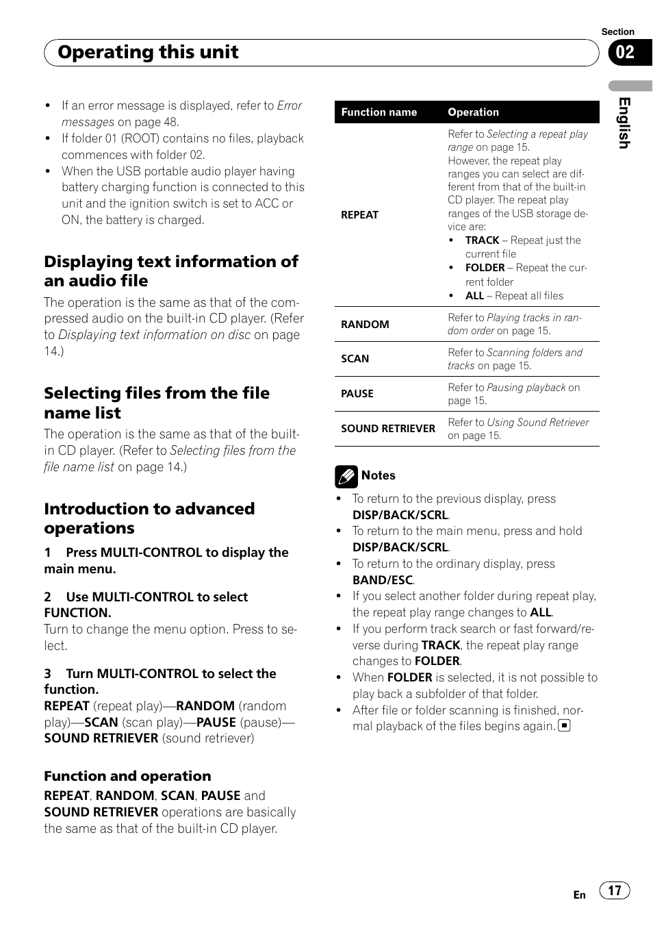 Displaying text information of an audio, File, Selecting files from the file name | List, Introduction to advanced, Operations, Operating this unit, Displaying text information of an audio file, Selecting files from the file name list, Introduction to advanced operations | Pioneer DEH-P3100UB User Manual | Page 17 / 177