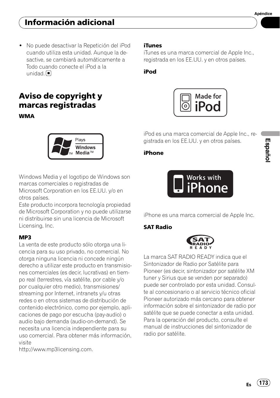 Aviso de copyright y marcas, Registradas, Aviso de copyright y marcas registradas | Información adicional | Pioneer DEH-P3100UB User Manual | Page 173 / 177