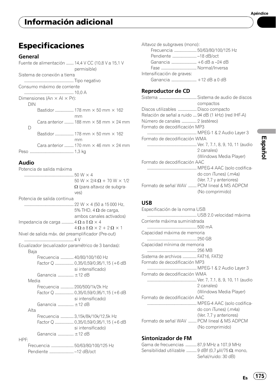 Especificaciones, Información adicional, Español | General, Audio, Reproductor de cd, Sintonizador de fm | Pioneer DEH-P3100UB User Manual | Page 175 / 177