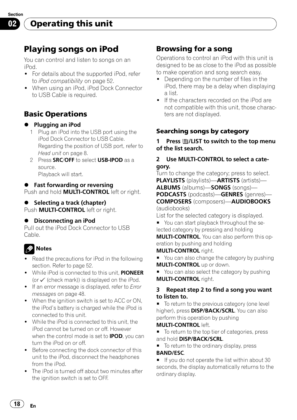 Playing songs on ipod, Basic operations 18, Browsing for a song 18 | Operating this unit, Basic operations, Browsing for a song | Pioneer DEH-P3100UB User Manual | Page 18 / 177