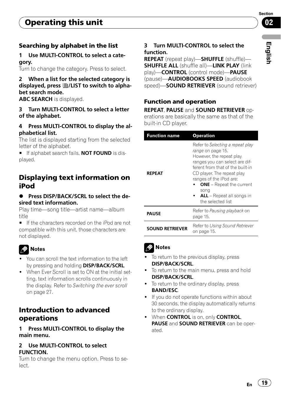 Displaying text information on, Ipod, Introduction to advanced | Operations, Operating this unit, Displaying text information on ipod, Introduction to advanced operations | Pioneer DEH-P3100UB User Manual | Page 19 / 177