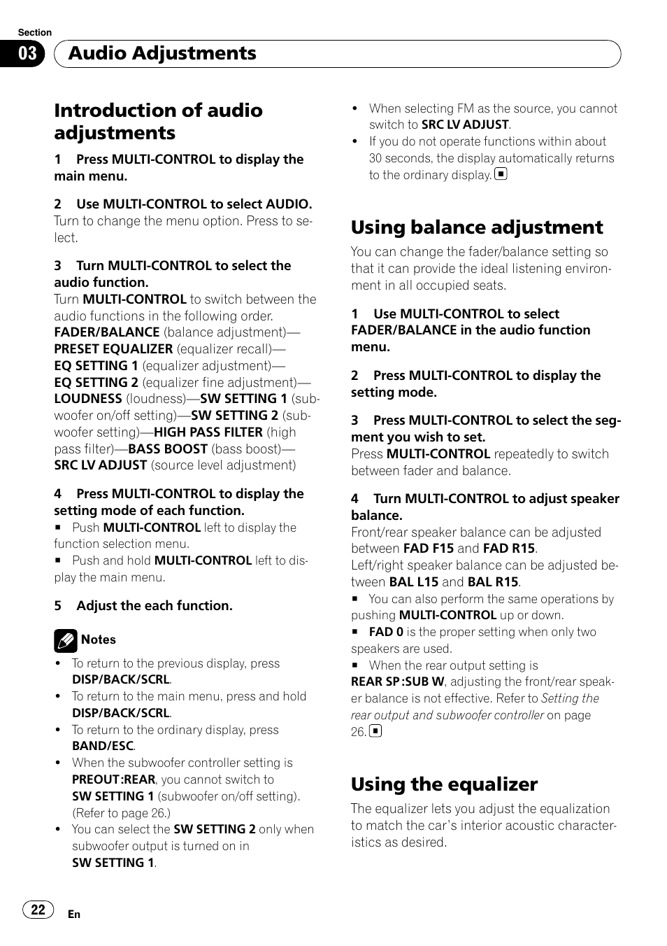 Using balance adjustment, Using the equalizer, Introduction of audio adjustments | Audio adjustments | Pioneer DEH-P3100UB User Manual | Page 22 / 177
