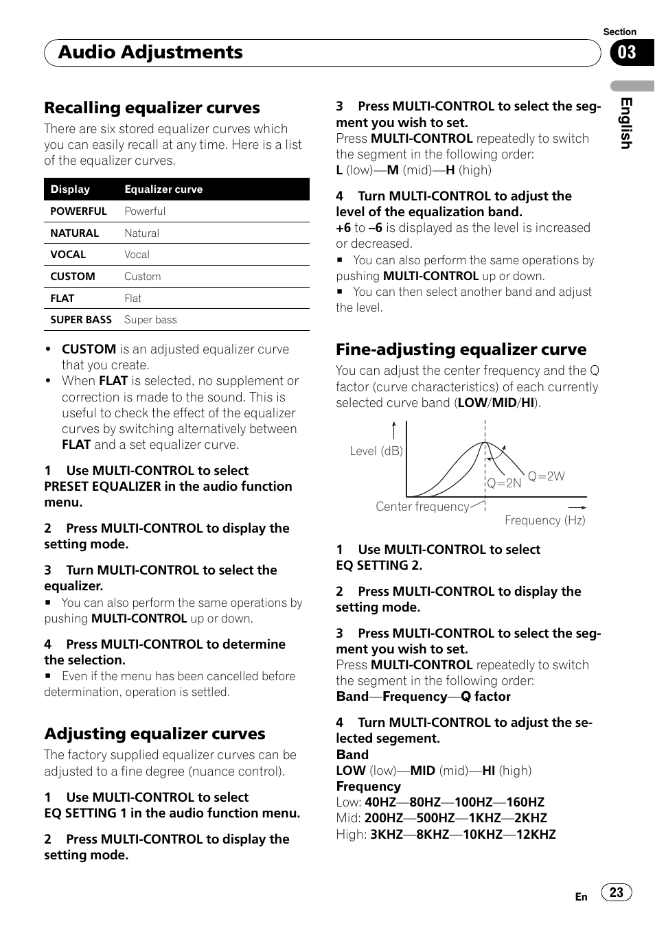 Recalling equalizer curves 23, Adjusting equalizer curves 23, Fine-adjusting equalizer curve 23 | Audio adjustments, Recalling equalizer curves, Adjusting equalizer curves, Fine-adjusting equalizer curve | Pioneer DEH-P3100UB User Manual | Page 23 / 177