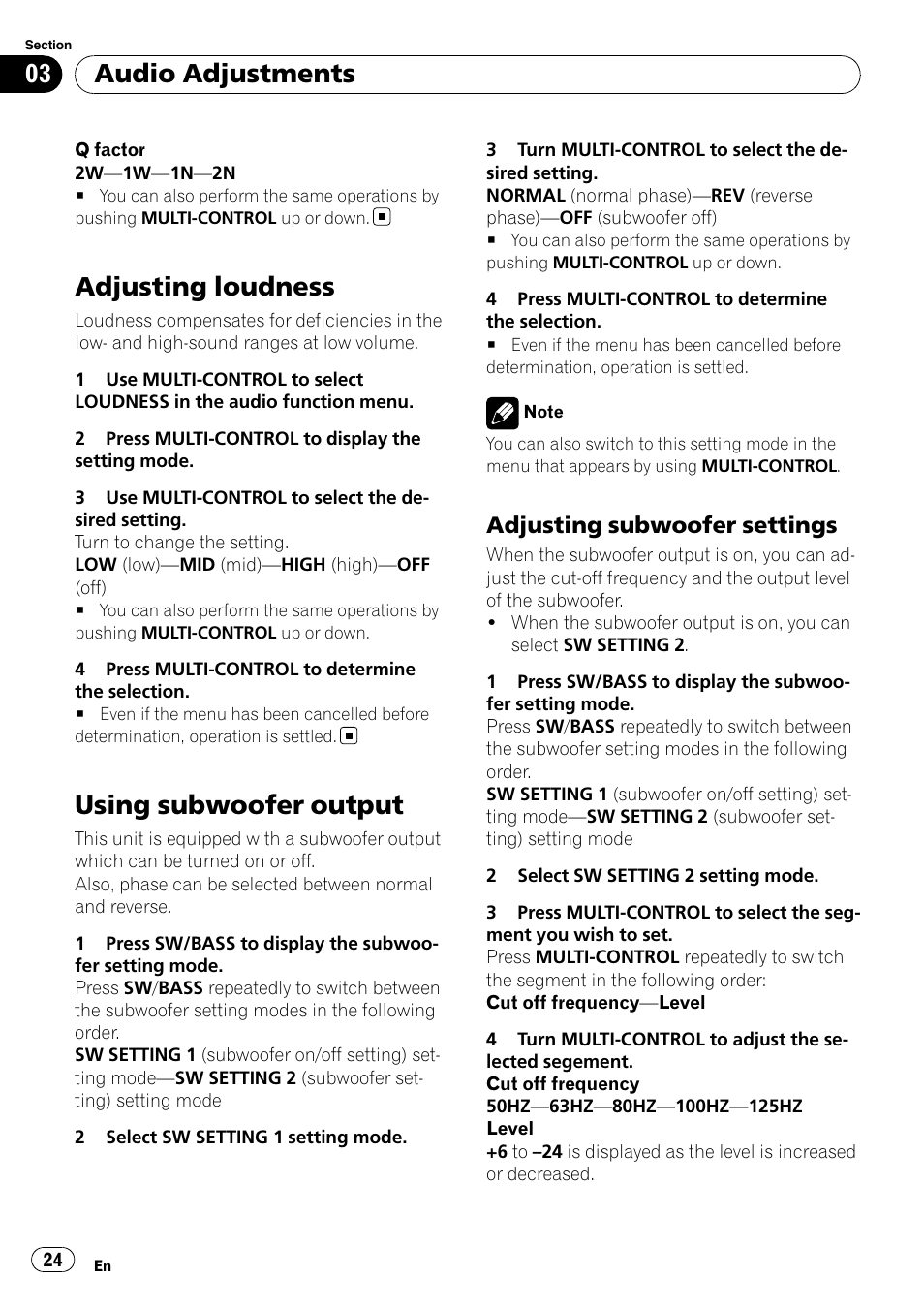 Adjusting loudness, Using subwoofer output, Adjusting subwoofer settings 24 | Audio adjustments, Adjusting subwoofer settings | Pioneer DEH-P3100UB User Manual | Page 24 / 177