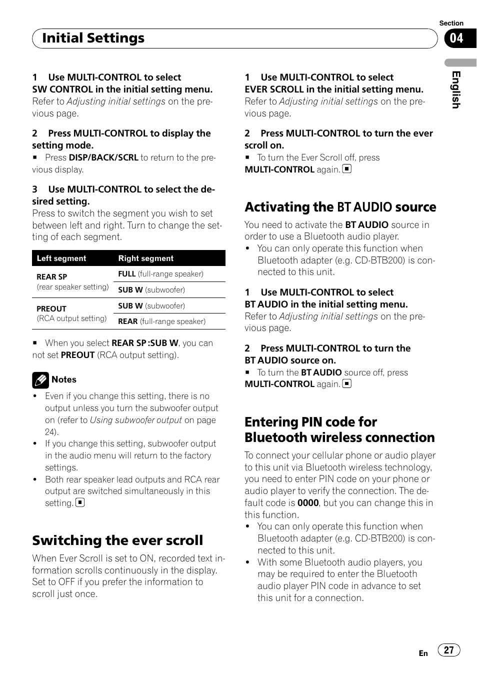 Switching the ever scroll, Activating the bt audio source, Entering pin code for bluetooth wireless | Connection, Initial settings | Pioneer DEH-P3100UB User Manual | Page 27 / 177