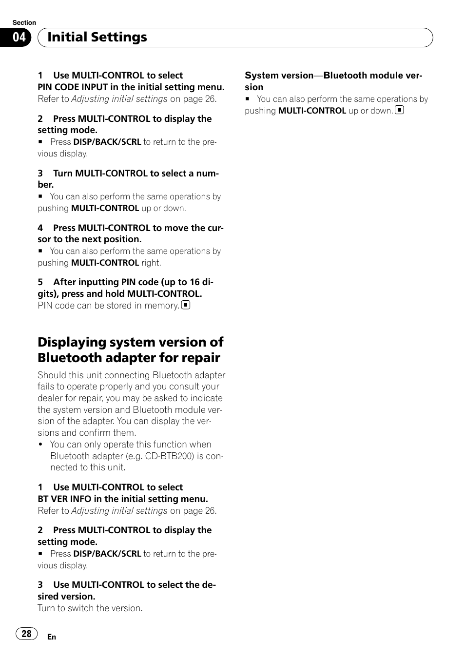 Displaying system version of bluetooth, Adapter for repair, Initial settings | Pioneer DEH-P3100UB User Manual | Page 28 / 177