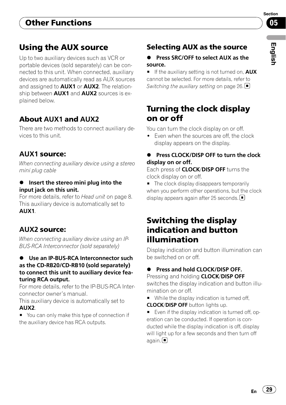 Other functions using the aux source, About aux1 and aux2 29, Aux1 source: 29 | Aux2 source: 29, Selecting aux as the source 29, Turning the clock display on or off, Switching the display indication and button, Illumination, Using the aux source, Other functions | Pioneer DEH-P3100UB User Manual | Page 29 / 177