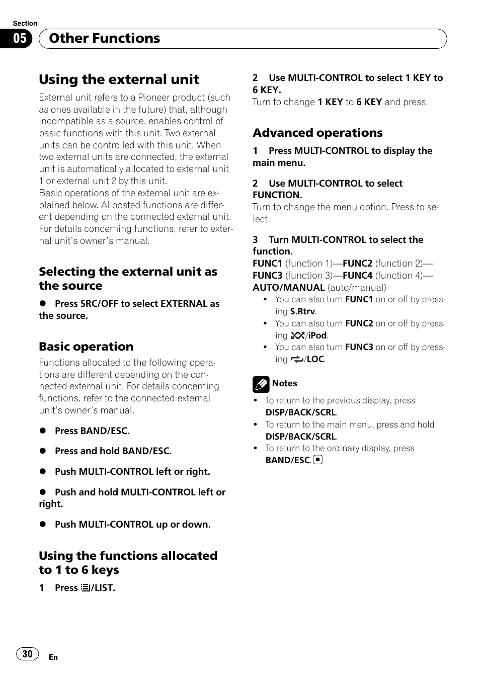 Using the external unit, Selecting the external unit as the, Source | Basic operation 30, Using the functions allocated to 1 to 6, Keys, Advanced operations 30, Other functions, Selecting the external unit as the source, Basic operation | Pioneer DEH-P3100UB User Manual | Page 30 / 177