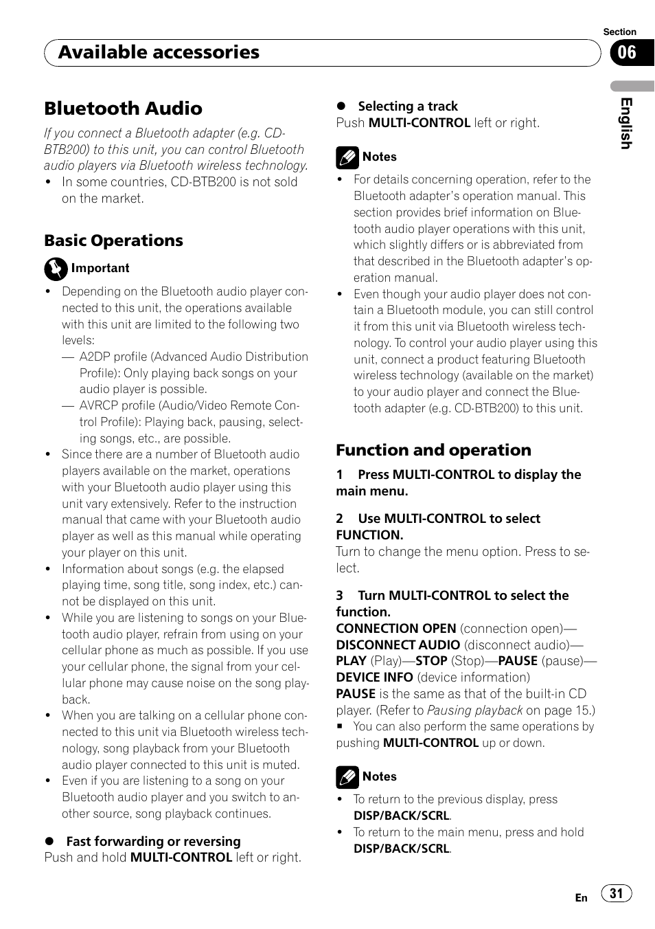 Available accessories bluetooth audio, Basic operations 31, Function and operation 31 | Bluetooth audio, Available accessories, Basic operations, Function and operation | Pioneer DEH-P3100UB User Manual | Page 31 / 177