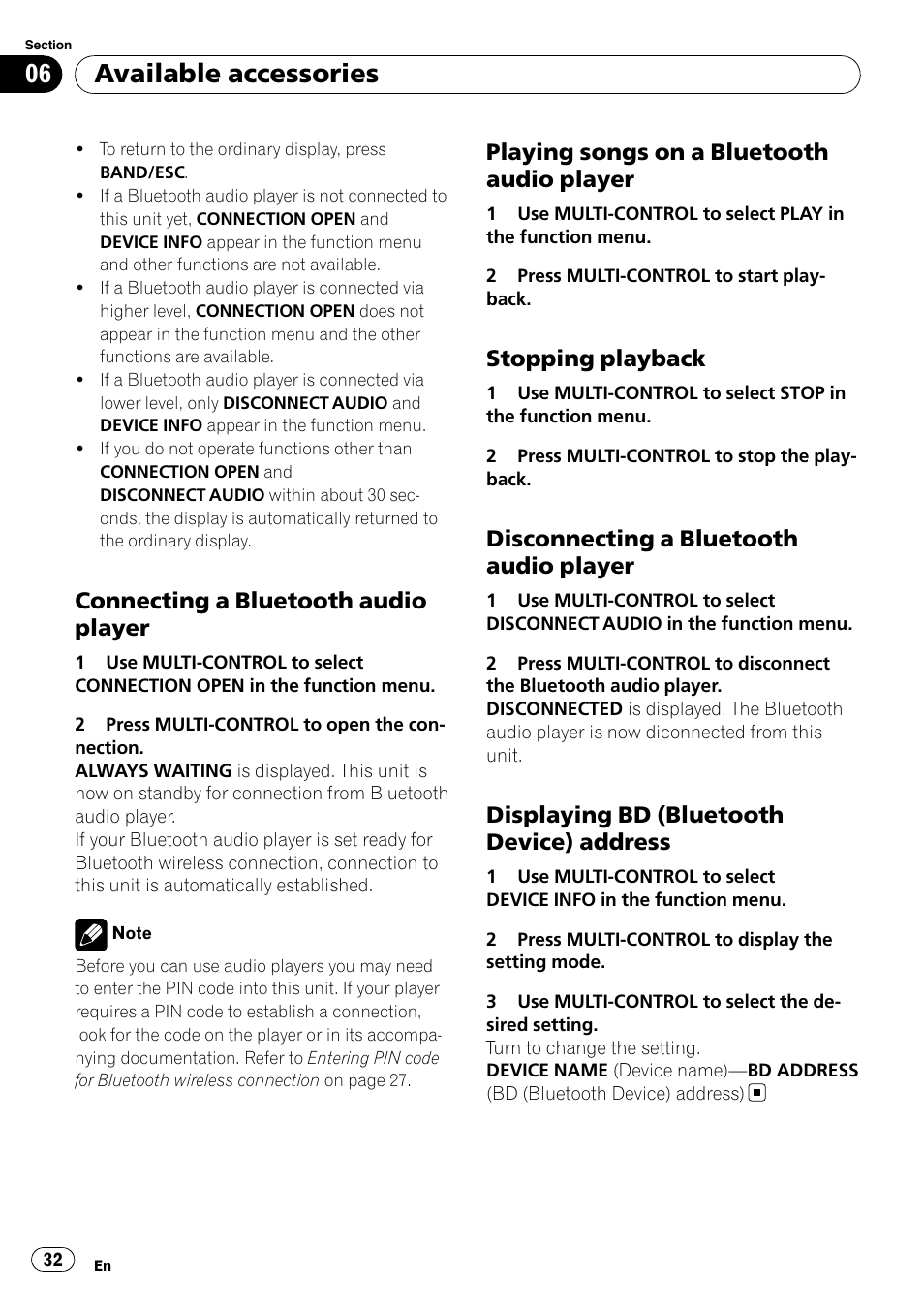 Connecting a bluetooth audio, Player, Playing songs on a bluetooth audio | Stopping playback 32, Disconnecting a bluetooth audio, Displaying bd (bluetooth device), Address, Available accessories, Connecting a bluetooth audio player, Playing songs on a bluetooth audio player | Pioneer DEH-P3100UB User Manual | Page 32 / 177