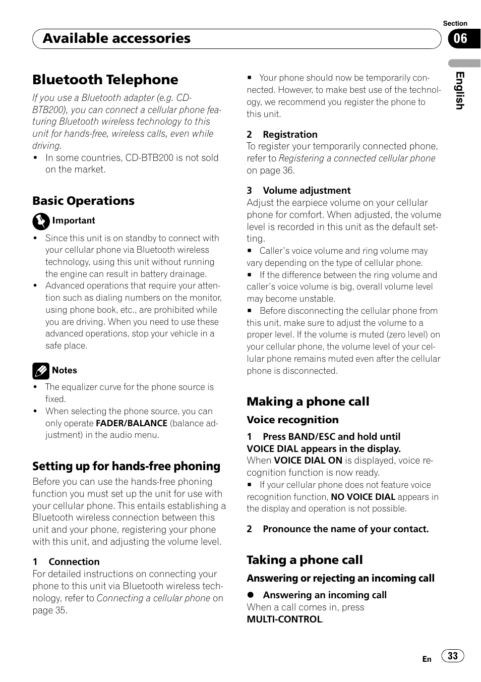 Bluetooth telephone, Basic operations 33, Setting up for hands-free phoning 33 | Making a phone call 33, Taking a phone call 33, Available accessories, Basic operations, Setting up for hands-free phoning, Making a phone call, Taking a phone call | Pioneer DEH-P3100UB User Manual | Page 33 / 177