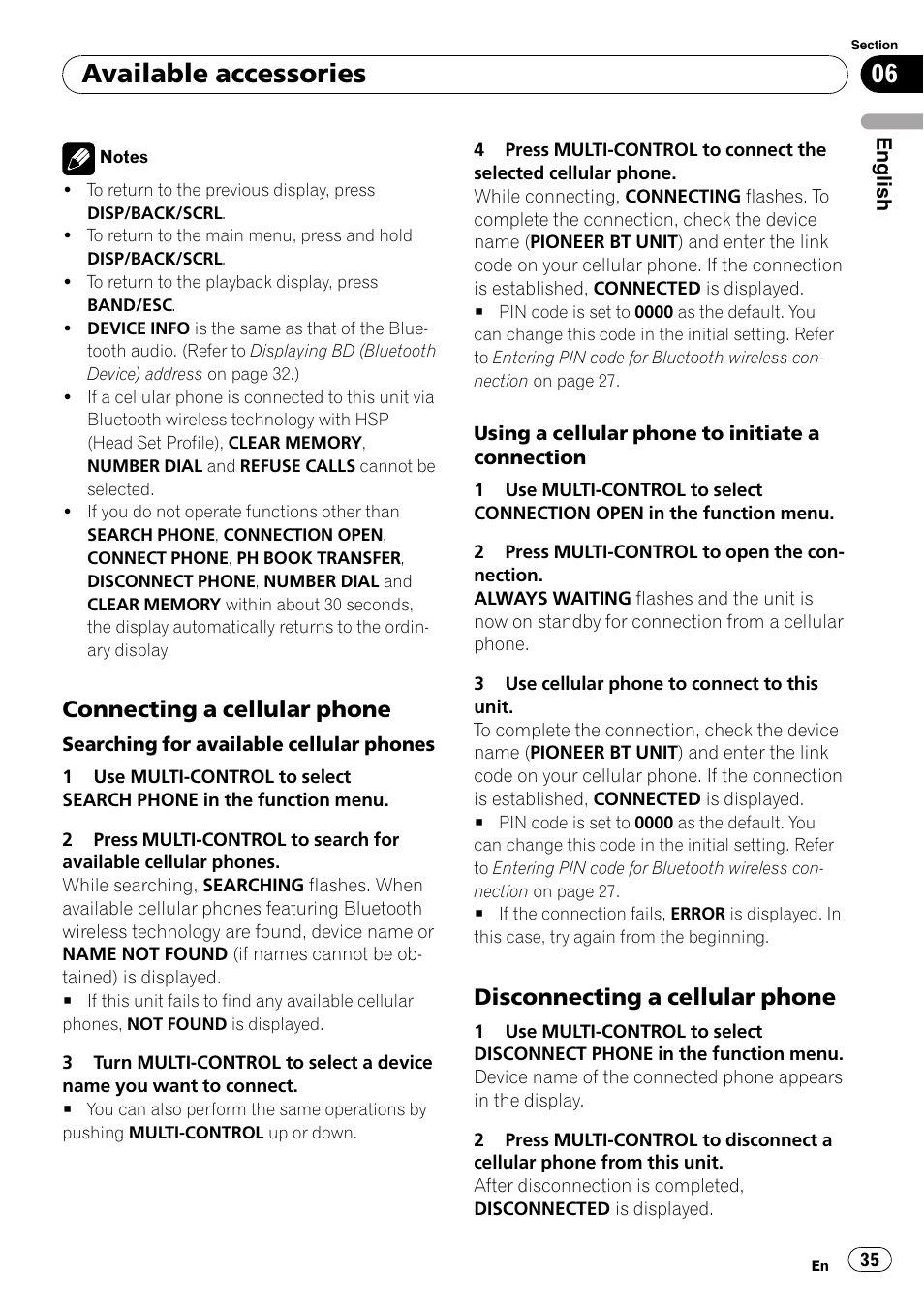 Connecting a cellular phone 35, Disconnecting a cellular phone 35, Available accessories | Connecting a cellular phone, Disconnecting a cellular phone | Pioneer DEH-P3100UB User Manual | Page 35 / 177