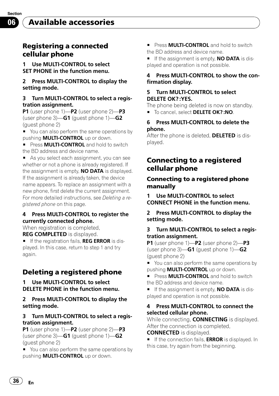 Registering a connected cellular, Phone, Deleting a registered phone 36 | Connecting to a registered cellular, Available accessories, Registering a connected cellular phone, Deleting a registered phone, Connecting to a registered cellular phone | Pioneer DEH-P3100UB User Manual | Page 36 / 177