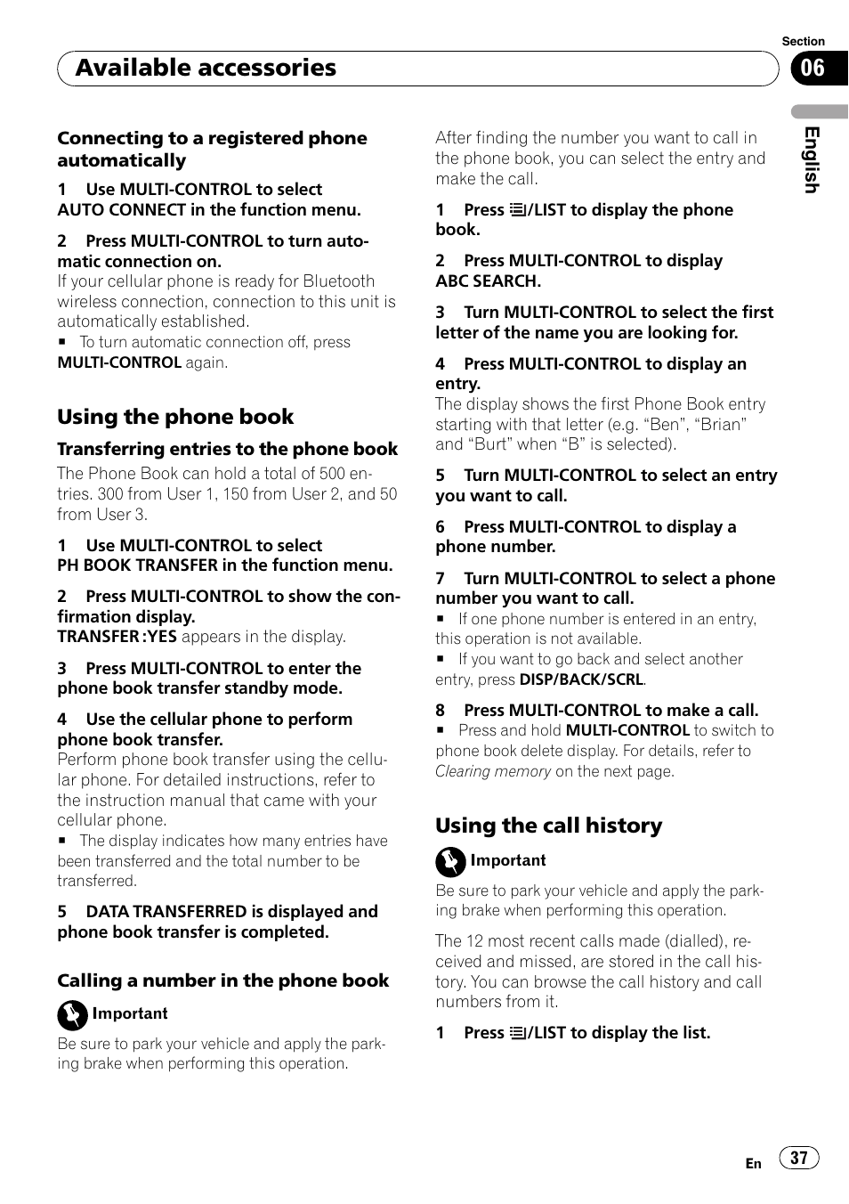 Using the phone book 37, Using the call history 37, Available accessories | Using the phone book, Using the call history | Pioneer DEH-P3100UB User Manual | Page 37 / 177