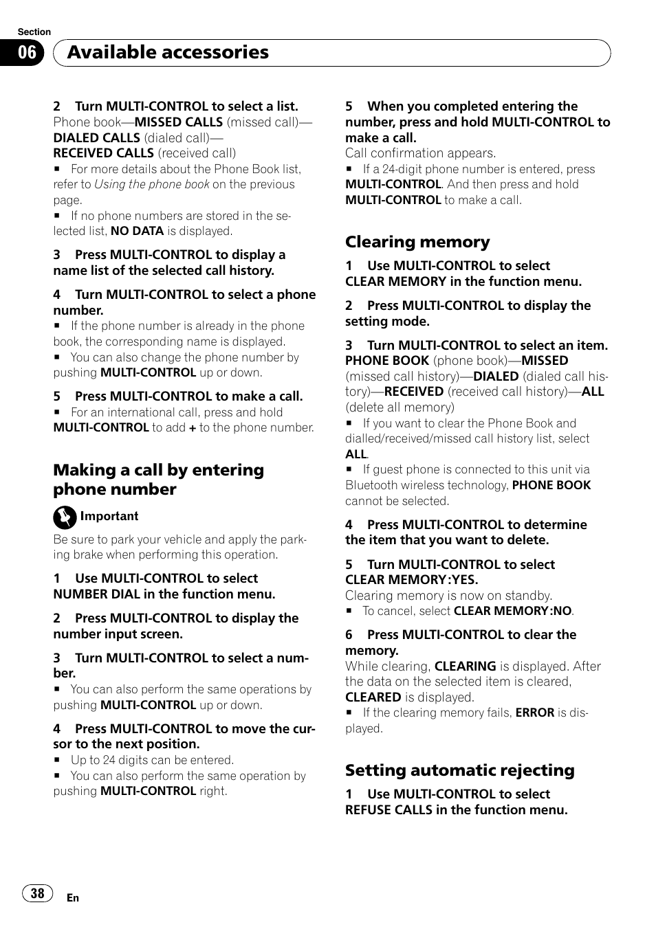 Making a call by entering phone, Number, Clearing memory 38 | Setting automatic rejecting 38, Available accessories, Making a call by entering phone number, Setting automatic rejecting | Pioneer DEH-P3100UB User Manual | Page 38 / 177