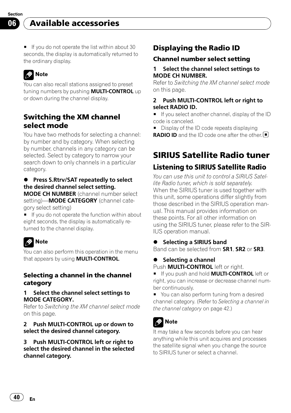 Switching the xm channel select, Mode, Displaying the radio id 40 | Sirius satellite radio tuner, Listening to sirius satellite radio 40, Available accessories, Switching the xm channel select mode, Displaying the radio id, Listening to sirius satellite radio | Pioneer DEH-P3100UB User Manual | Page 40 / 177