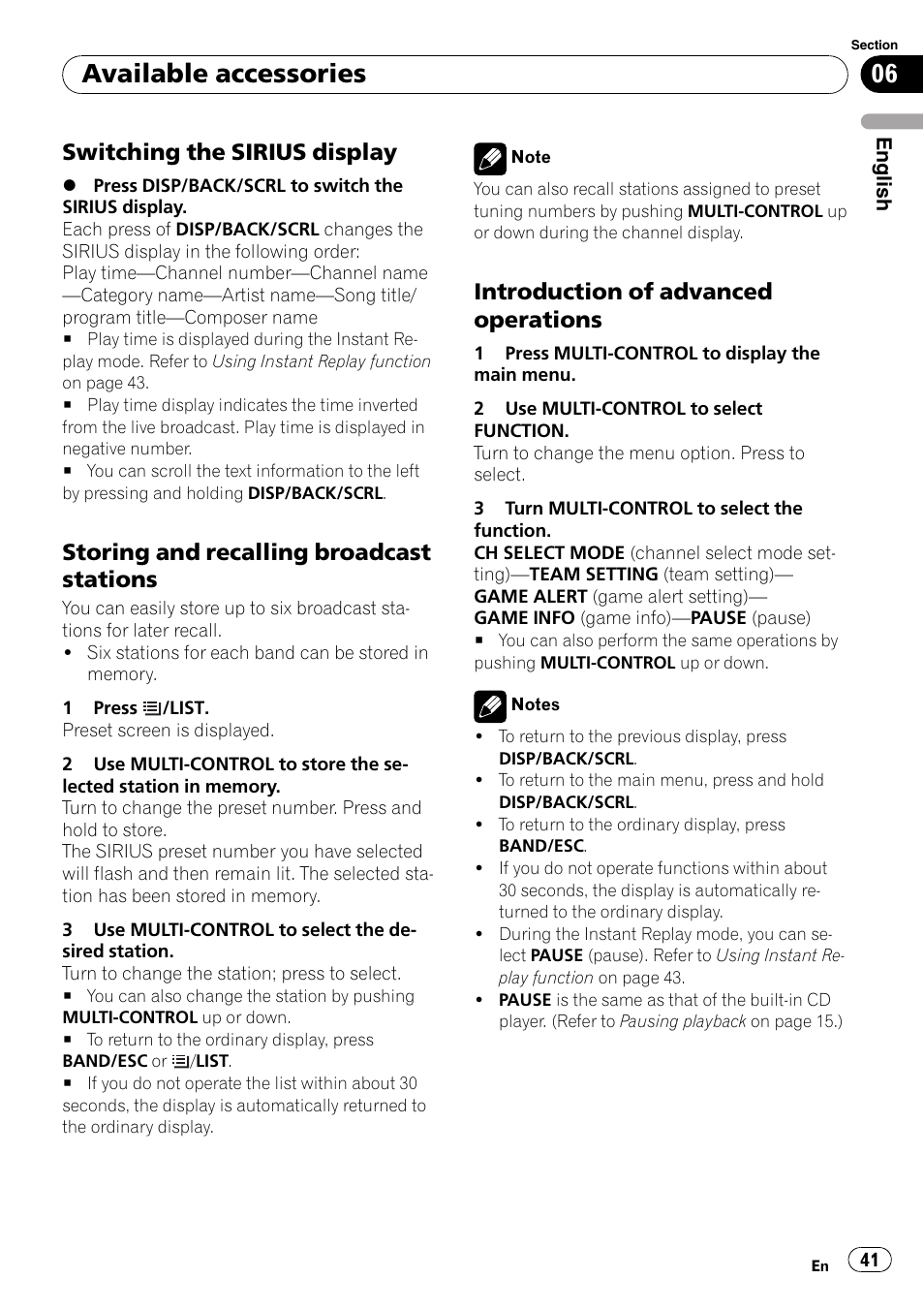 Switching the sirius display 41, Storing and recalling broadcast, Stations | Introduction of advanced, Operations, Available accessories, Switching the sirius display, Storing and recalling broadcast stations, Introduction of advanced operations | Pioneer DEH-P3100UB User Manual | Page 41 / 177