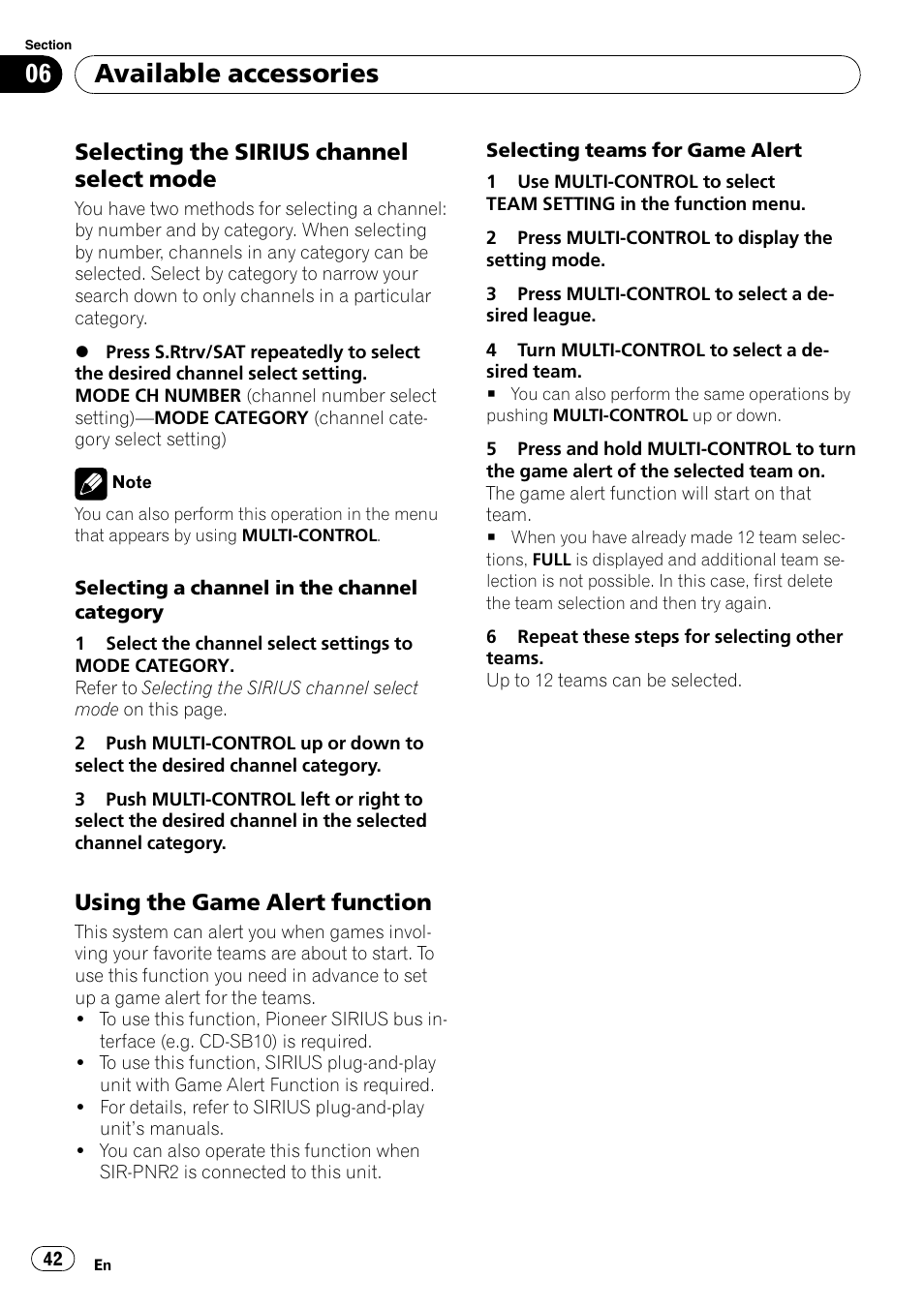 Selecting the sirius channel select, Mode, Using the game alert function 42 | Available accessories, Selecting the sirius channel select mode, Using the game alert function | Pioneer DEH-P3100UB User Manual | Page 42 / 177