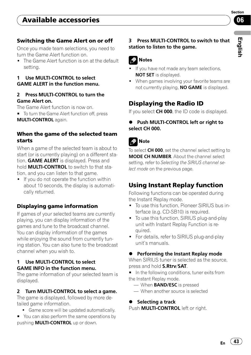 Displaying the radio id 43, Using instant replay function 43, Using instant re | Available accessories, Displaying the radio id, Using instant replay function | Pioneer DEH-P3100UB User Manual | Page 43 / 177