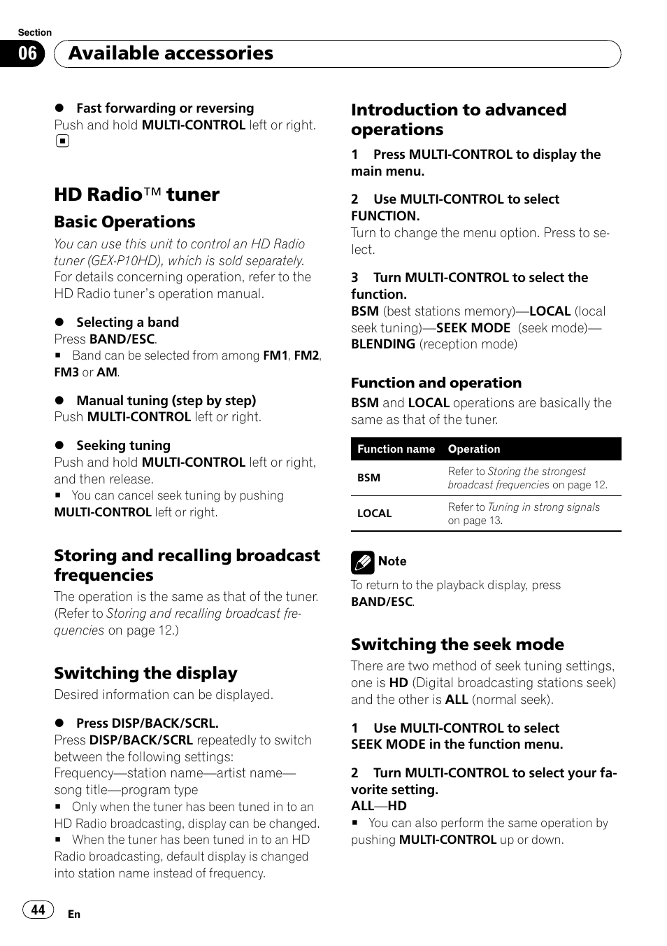 Hd radio, Tuner 44, Basic operations 44 | Storing and recalling broadcast, Frequencies, Switching the display 44, Introduction to advanced, Operations, Switching the seek mode 44, Hd radio ™ tuner | Pioneer DEH-P3100UB User Manual | Page 44 / 177