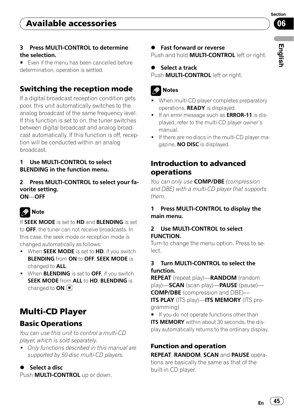 Switching the reception mode 45, Multi-cd player, Basic operations 45 | Introduction to advanced, Operations, Available accessories, Switching the reception mode, Basic operations, Introduction to advanced operations | Pioneer DEH-P3100UB User Manual | Page 45 / 177