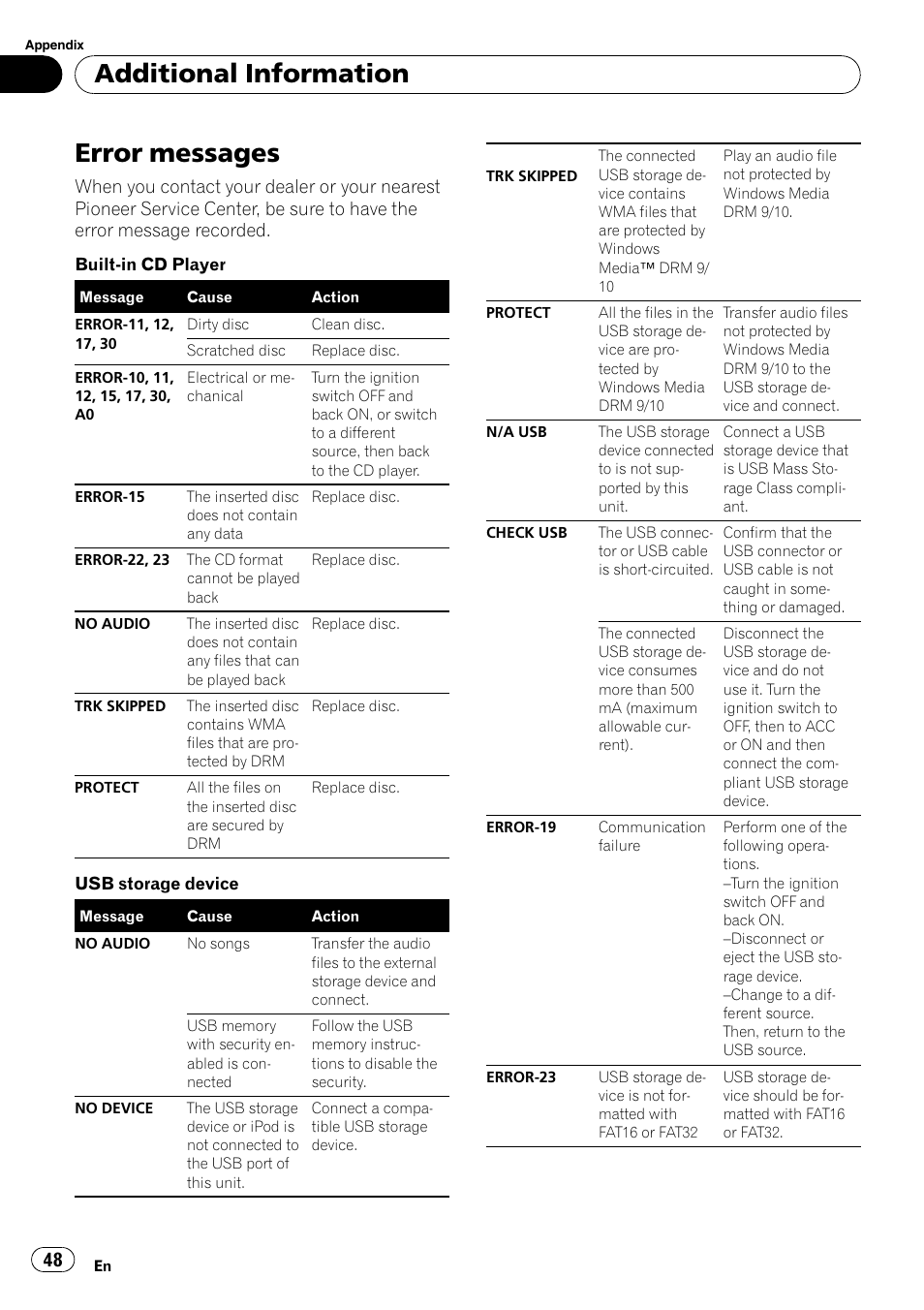 Additional information error messages, Ditional information, Additional information | Error, Error messages | Pioneer DEH-P3100UB User Manual | Page 48 / 177