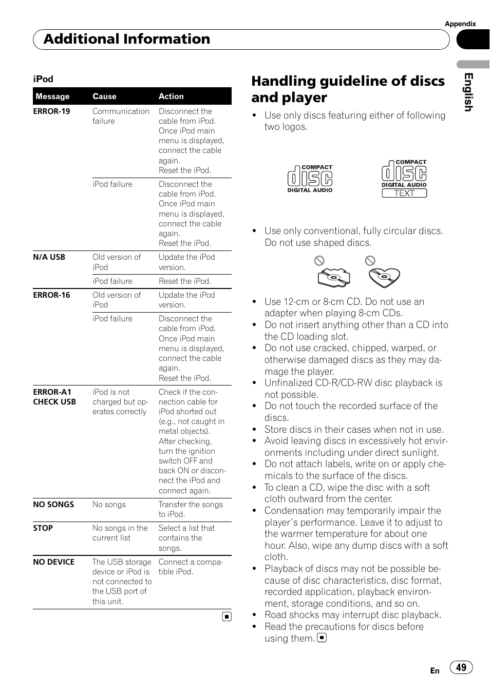 Handling guideline of discs and player, Additional information, English | Pioneer DEH-P3100UB User Manual | Page 49 / 177