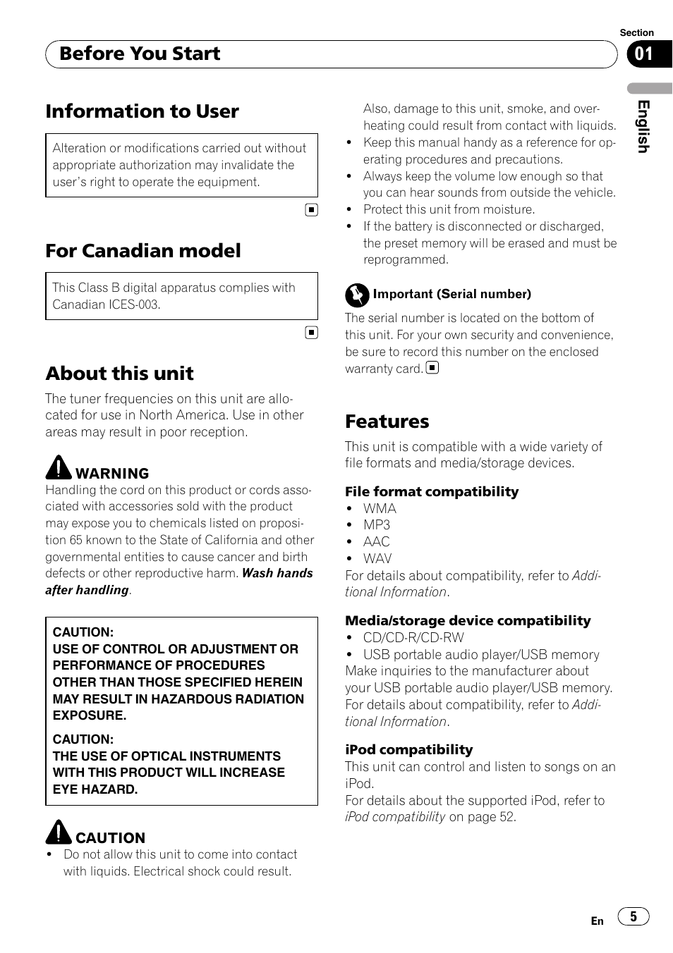 Before you start, Information to user, For canadian model | About this unit, Features | Pioneer DEH-P3100UB User Manual | Page 5 / 177