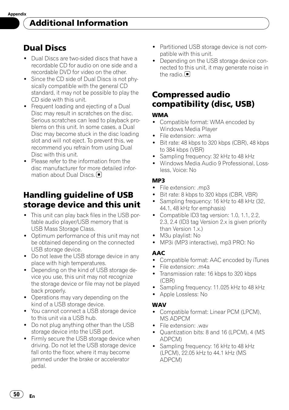 Dual discs, Handling guideline of usb storage device, And this unit | Compressed audio compatibility (disc, Usb), Compressed audio compatibility (disc, usb), Additional information | Pioneer DEH-P3100UB User Manual | Page 50 / 177