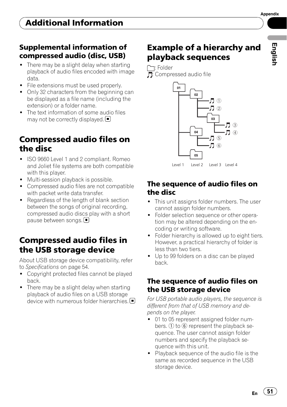 Supplemental information of, Compressed audio (disc, usb), Compressed audio files on the disc | Compressed audio files in the usb storage, Device, Example of a hierarchy and playback, Sequences, The sequence of audio files on the, Disc, The sequence of audio files on the usb | Pioneer DEH-P3100UB User Manual | Page 51 / 177