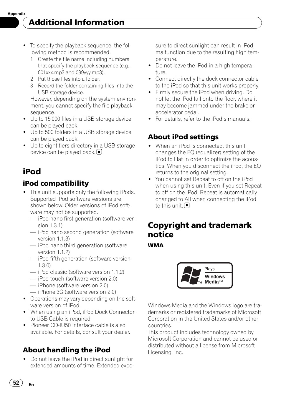 Ipod, Ipod compatibility 52, About handling the ipod 52 | About ipod settings 52, Copyright and trademark notice, Additional information, Ipod compatibility, About handling the ipod, About ipod settings | Pioneer DEH-P3100UB User Manual | Page 52 / 177
