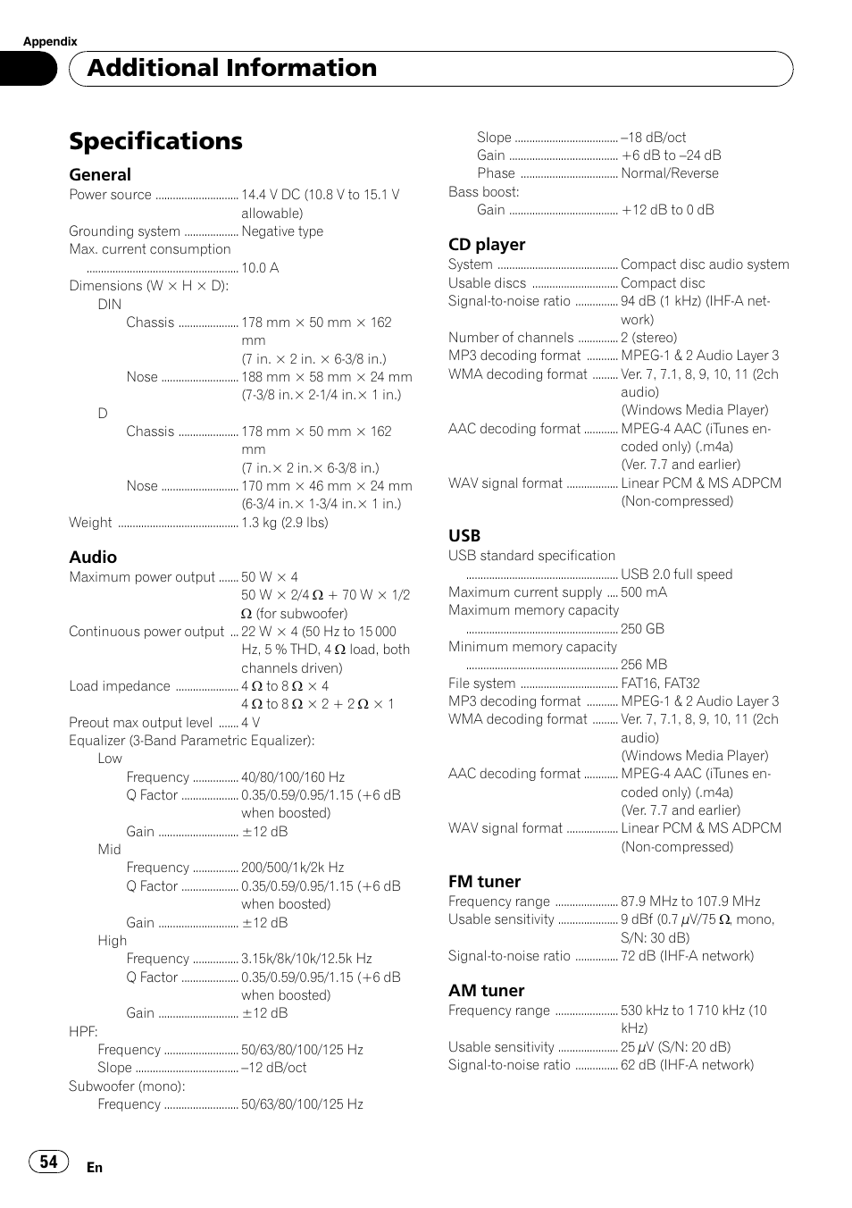 Specifications, Additional information | Pioneer DEH-P3100UB User Manual | Page 54 / 177