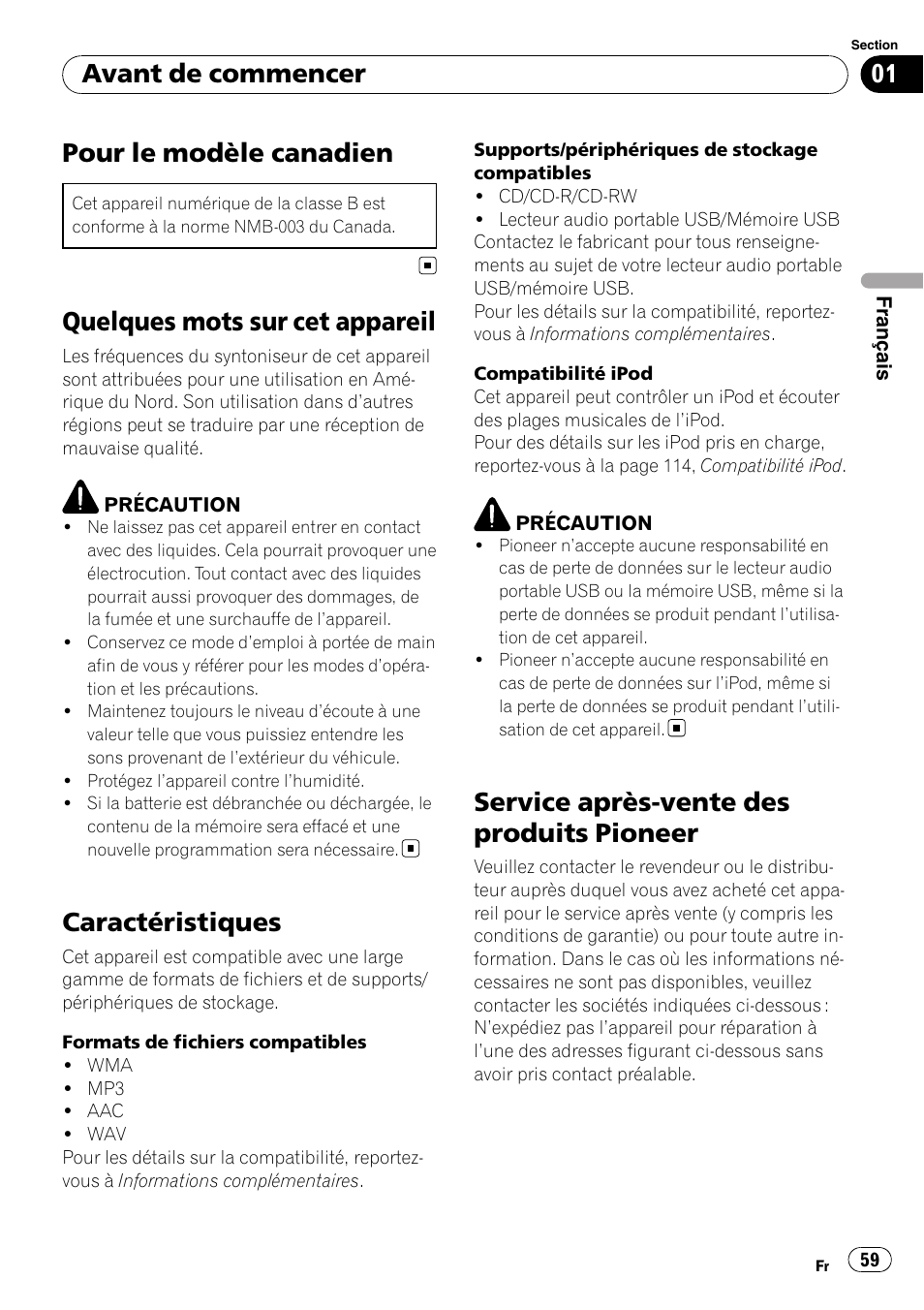 Avant de commencer, Pour le modèle canadien, Quelques mots sur cet appareil | Caractéristiques, Service après-vente des produits pioneer | Pioneer DEH-P3100UB User Manual | Page 59 / 177