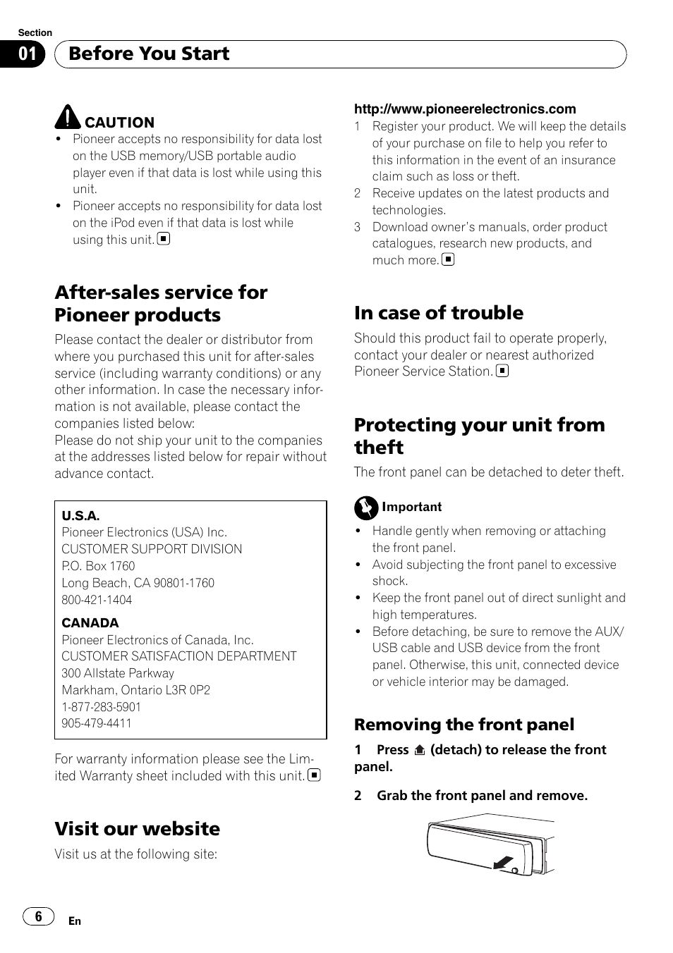 After-sales service for pioneer products, Visit our website, In case of trouble | Protecting your unit from theft, Removing the front panel 6, Before you start, Removing the front panel | Pioneer DEH-P3100UB User Manual | Page 6 / 177
